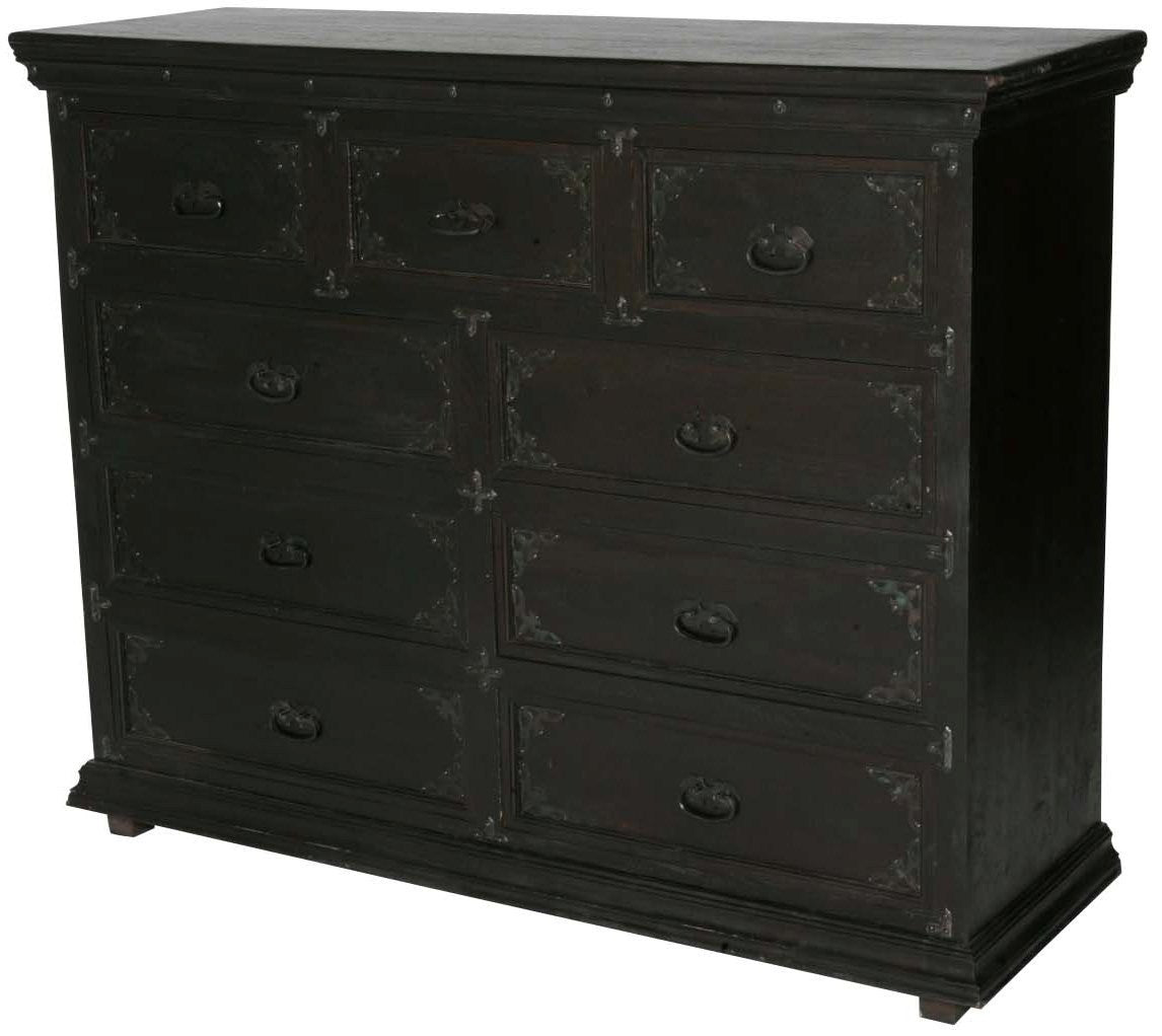 60" Dark Brown Carved Scrollwork Solid Wood Nine Drawer Double Dresser