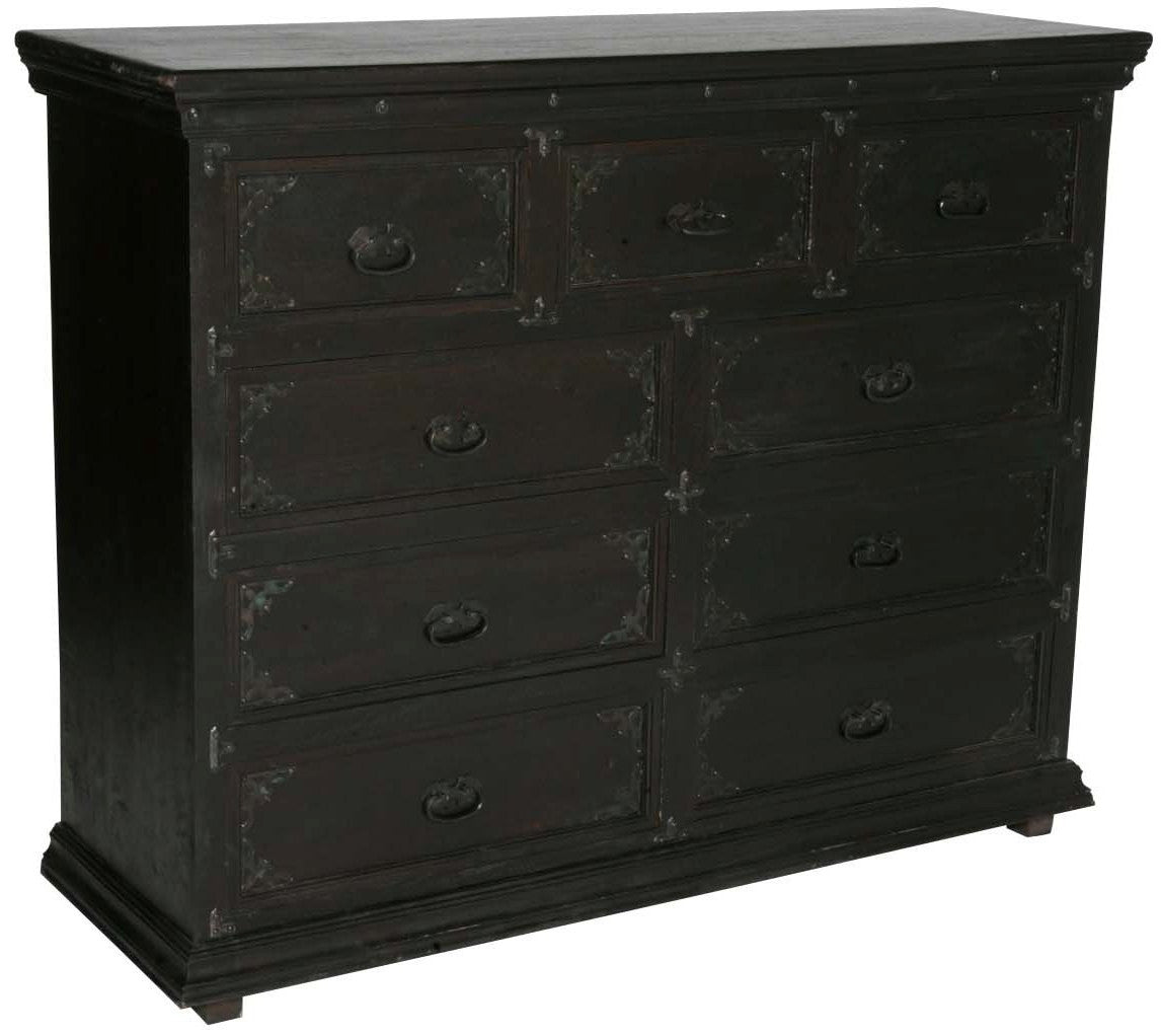 60" Dark Brown Carved Scrollwork Solid Wood Nine Drawer Double Dresser