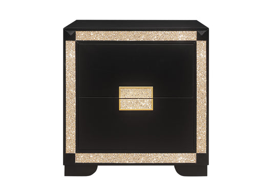 26" Black and Gold Two Drawer Faux Crystal Bling Wood Nightstand
