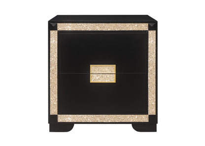 26" Black and Gold Two Drawer Faux Crystal Bling Wood Nightstand