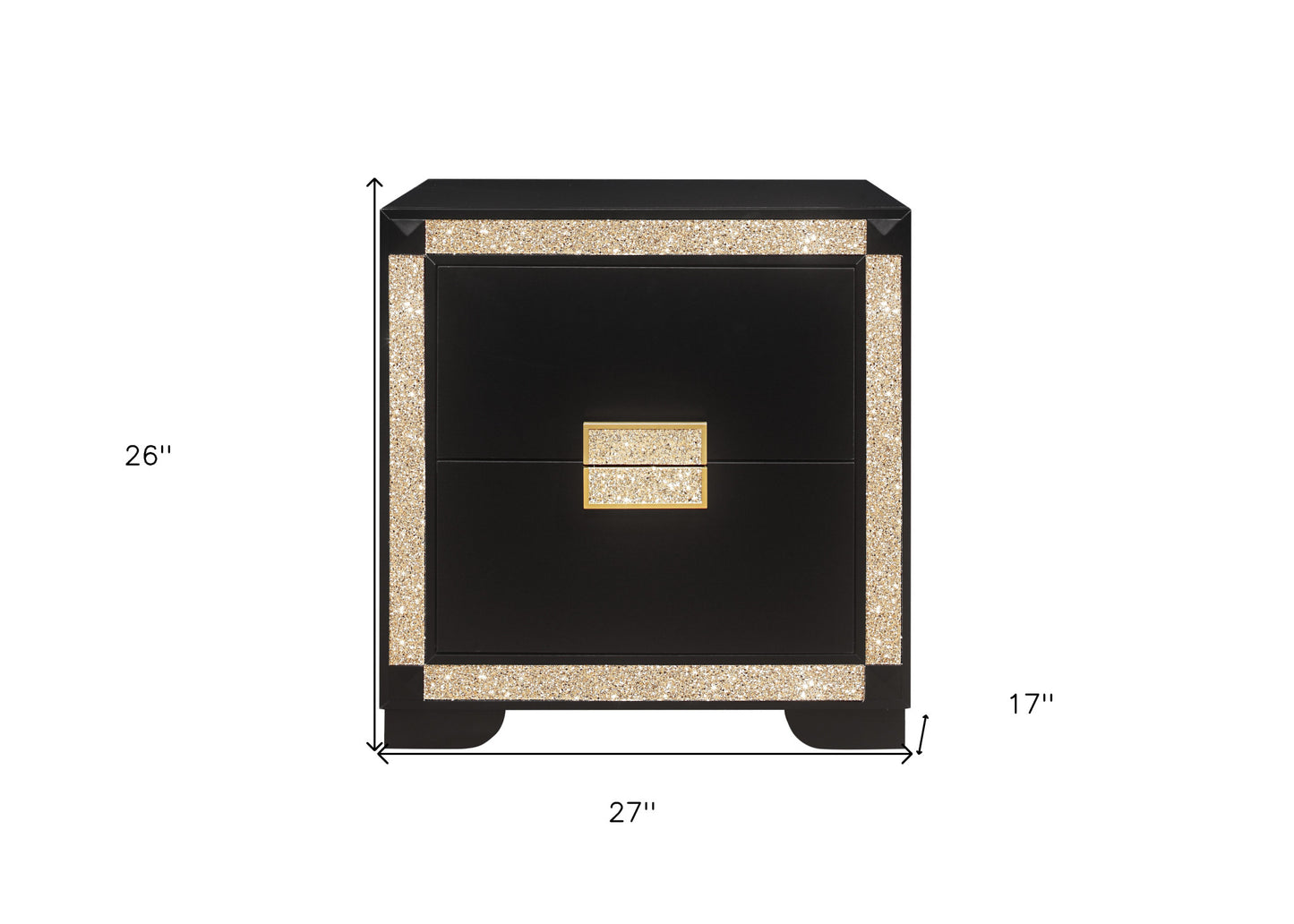 26" Black and Gold Two Drawer Faux Crystal Bling Wood Nightstand