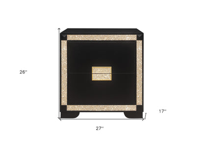 26" Black and Gold Two Drawer Faux Crystal Bling Wood Nightstand