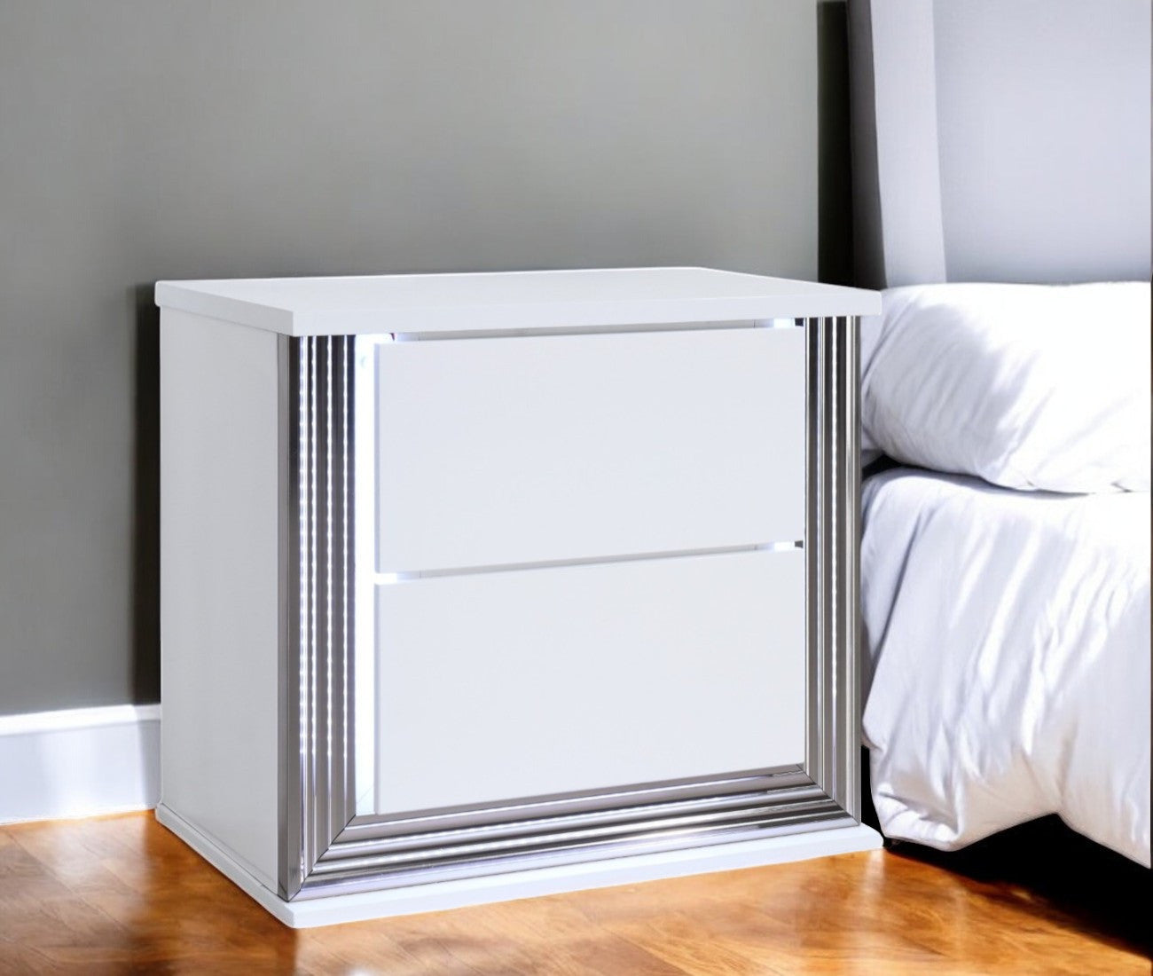 25" White Solid and Manufactured Wood Lighted Two Drawer Nightstand