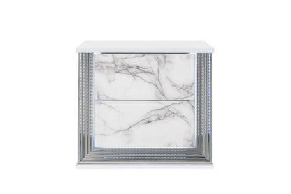 25" White Wood Faux Marble Solid and Manufactured Wood Lighted Two Drawer Nightstand with USB Port