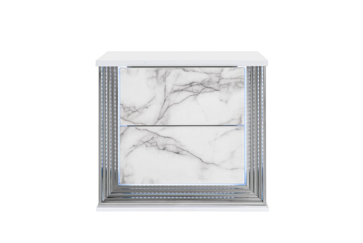 25" White Wood Faux Marble Solid and Manufactured Wood Lighted Two Drawer Nightstand with USB Port