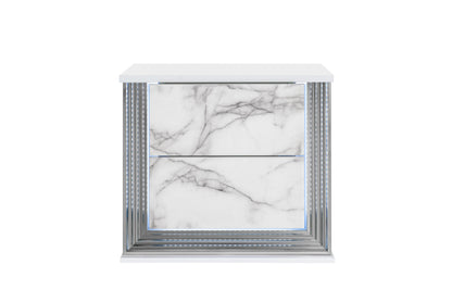 25" White Wood Faux Marble Solid and Manufactured Wood Lighted Two Drawer Nightstand with USB Port