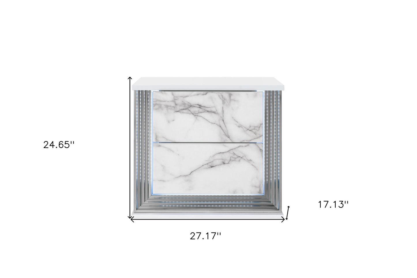 25" White Wood Faux Marble Solid and Manufactured Wood Lighted Two Drawer Nightstand with USB Port