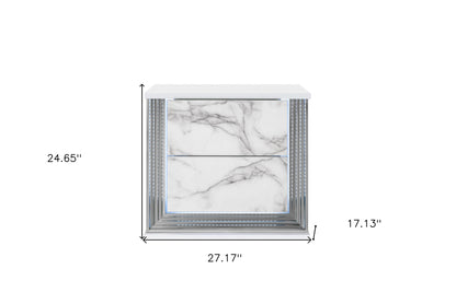 25" White Wood Faux Marble Solid and Manufactured Wood Lighted Two Drawer Nightstand with USB Port