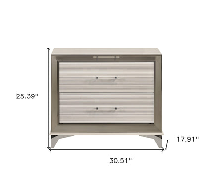 25" Silver And White Wood Lighted Two Drawer Nightstand