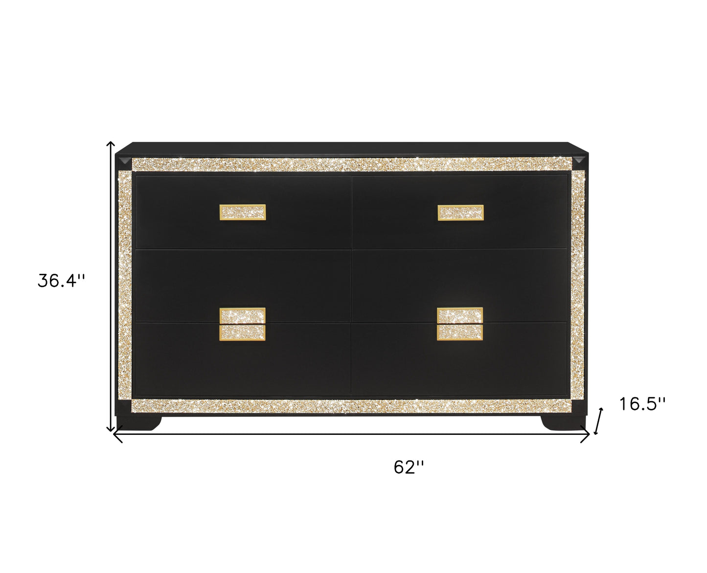 62" Black And Gold Faux Crystal Bling Wood Six Drawer Double Dresser