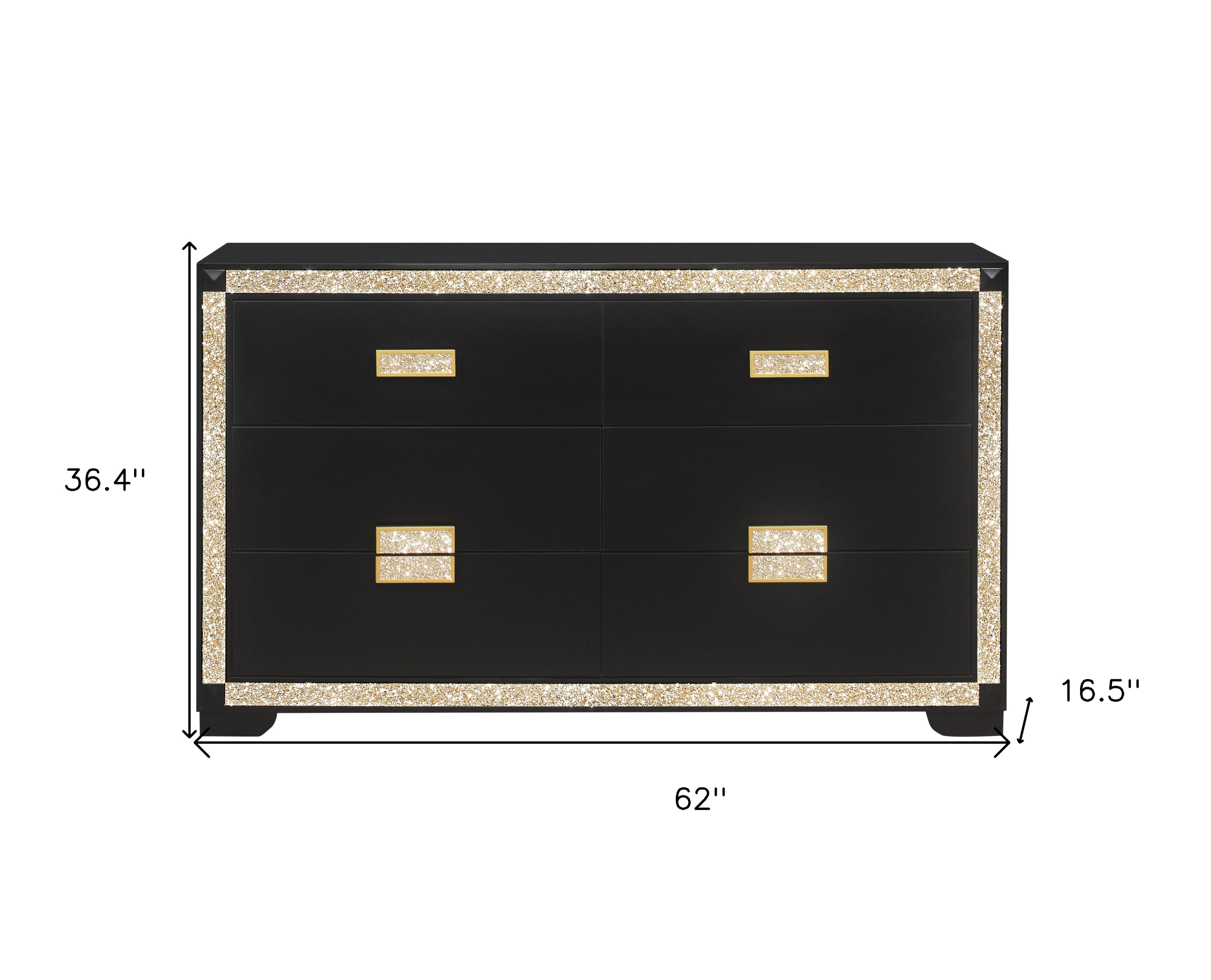 62" Black And Gold Faux Crystal Bling Wood Six Drawer Double Dresser