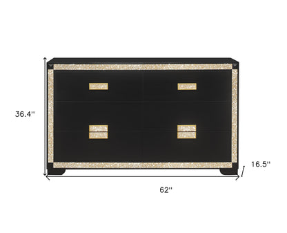 62" Black And Gold Faux Crystal Bling Wood Six Drawer Double Dresser