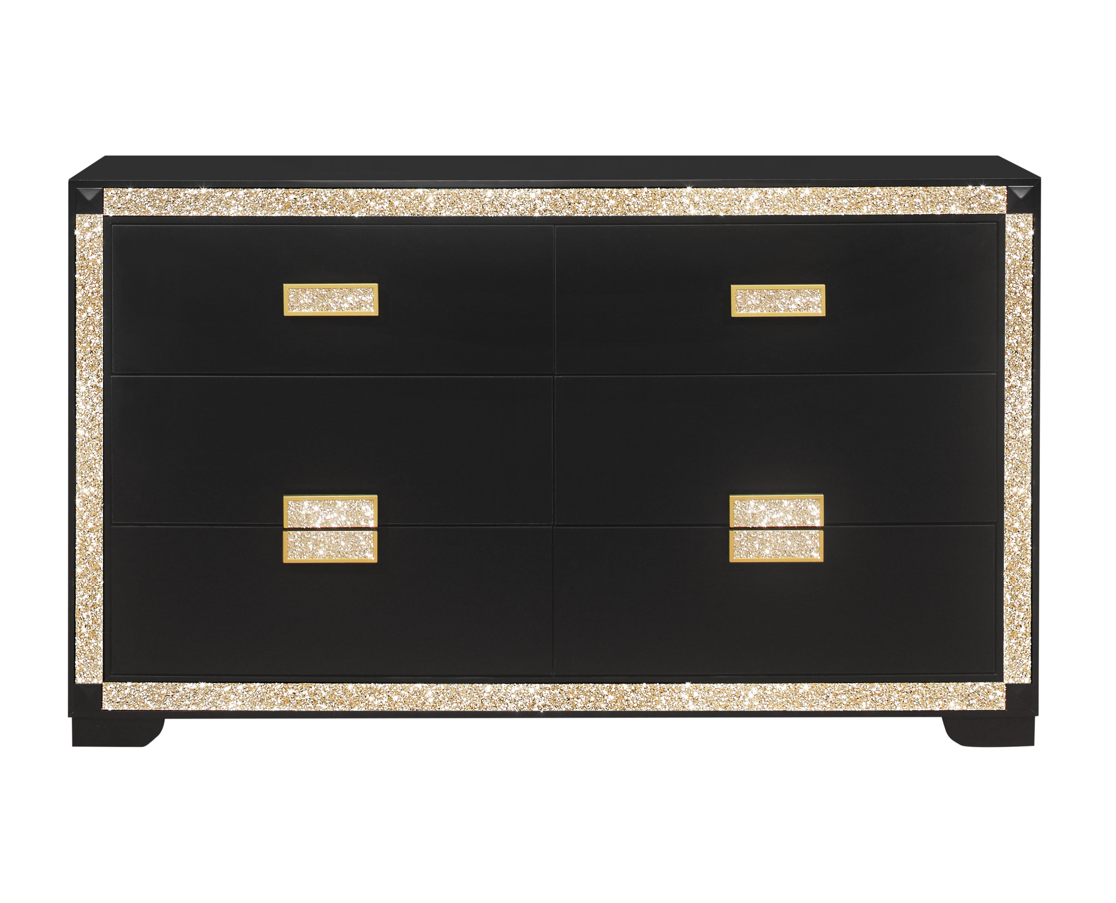 62" Black And Gold Faux Crystal Bling Wood Six Drawer Double Dresser