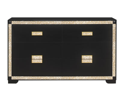 62" Black And Gold Faux Crystal Bling Wood Six Drawer Double Dresser