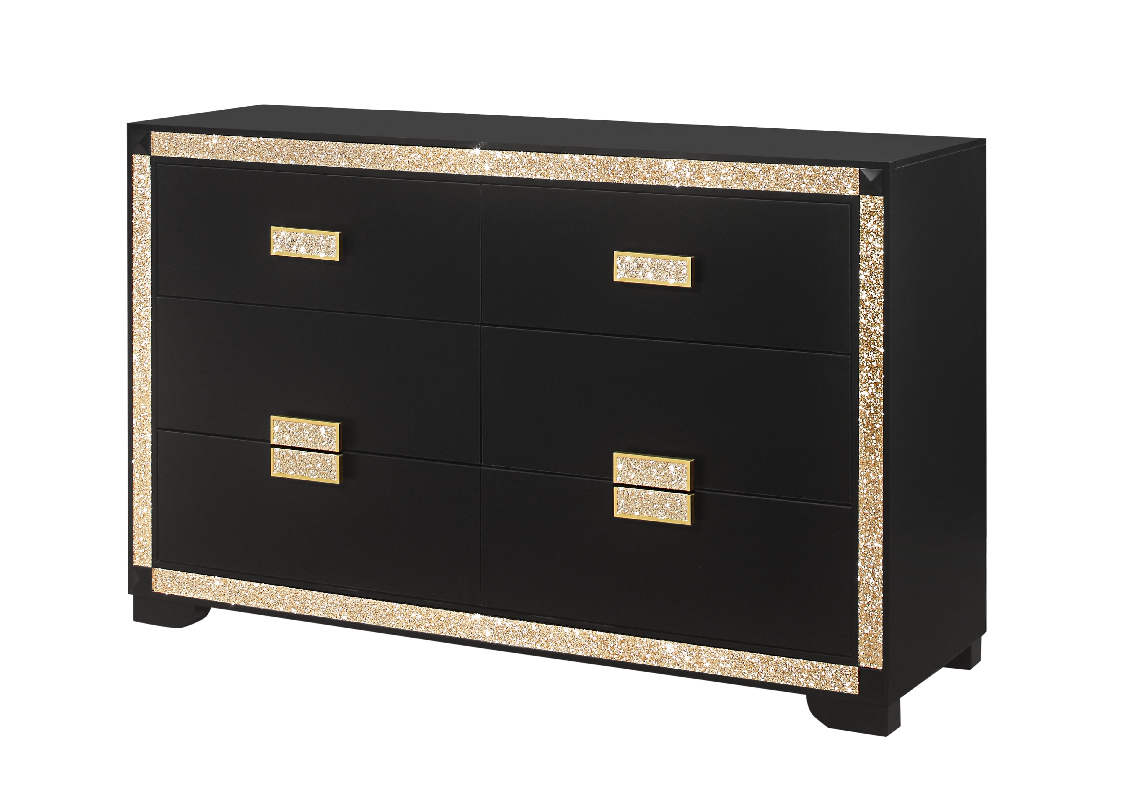 62" Black And Gold Faux Crystal Bling Wood Six Drawer Double Dresser