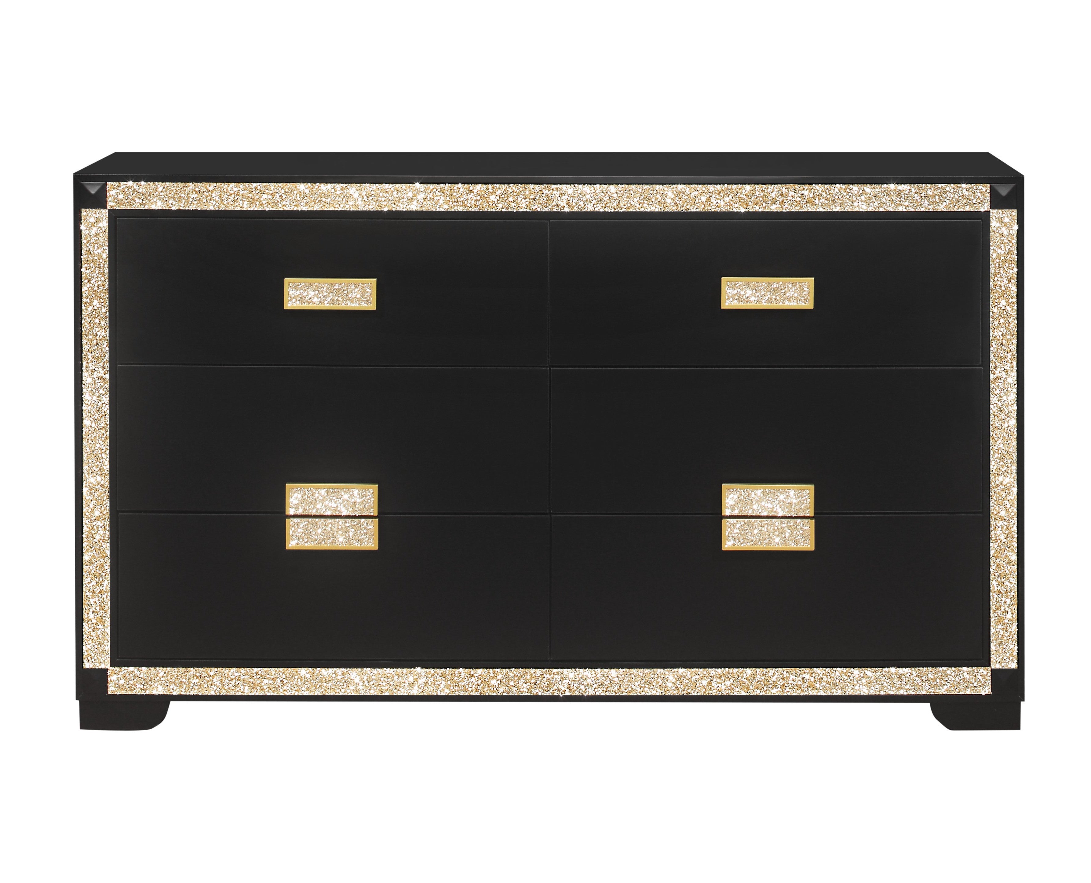 62" Black And Gold Faux Crystal Bling Wood Six Drawer Double Dresser