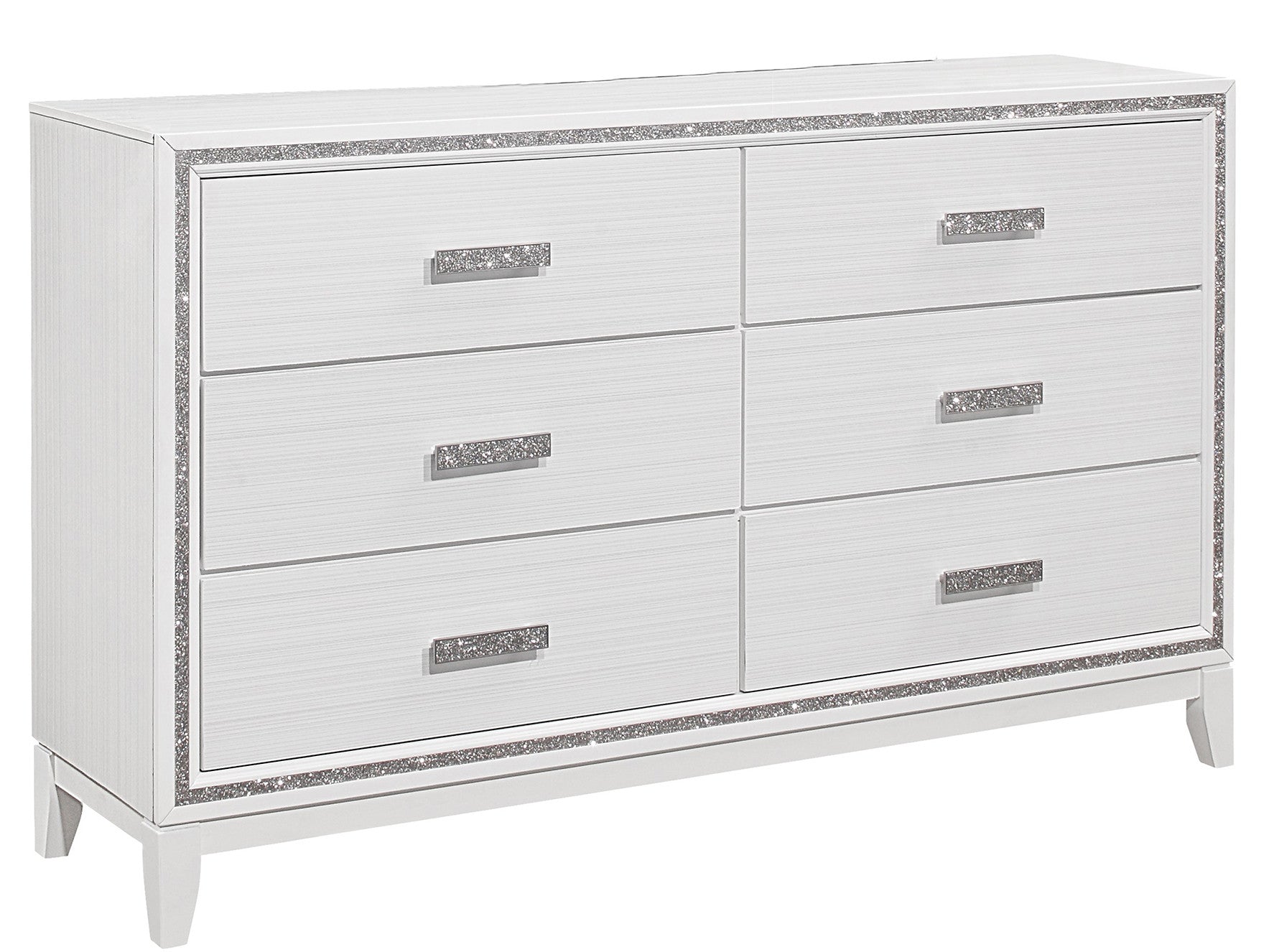 63" White And Silver Faux Crystal Bling Wood Six Drawer Double Dresser