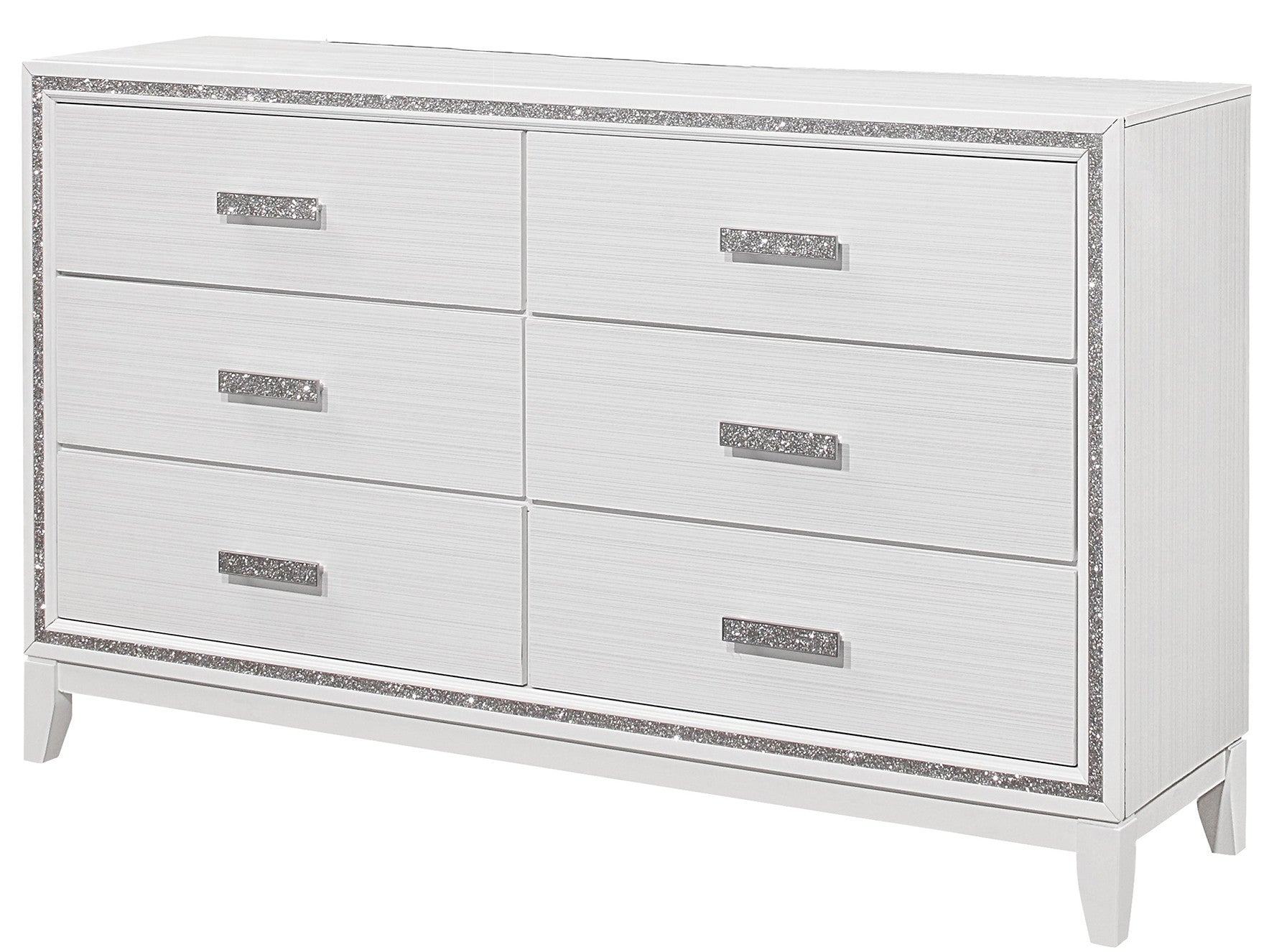 63" White And Silver Faux Crystal Bling Wood Six Drawer Double Dresser