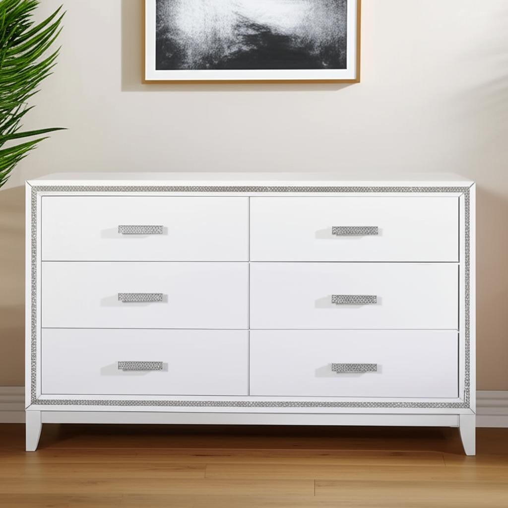 63" White And Silver Faux Crystal Bling Wood Six Drawer Double Dresser