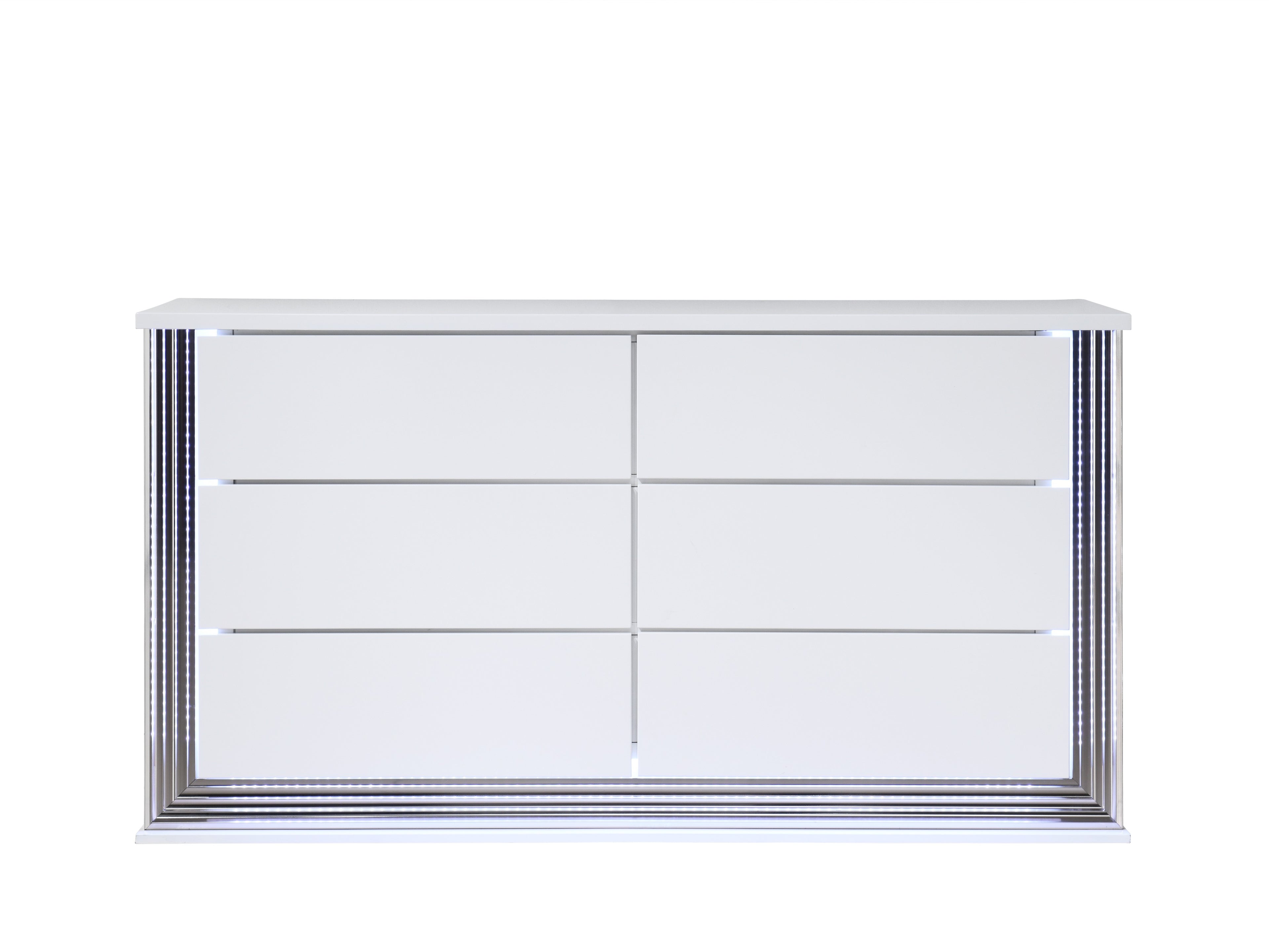 61" White Wood Lighted Six Drawer Double Dresser