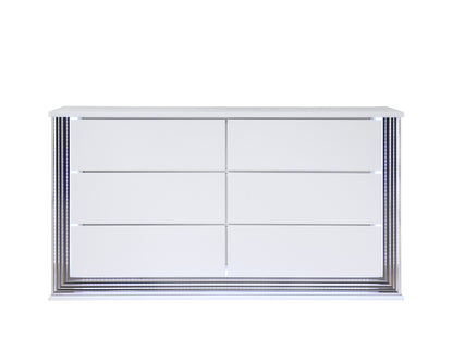 61" White Wood Lighted Six Drawer Double Dresser