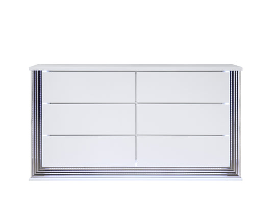61" White Wood Lighted Six Drawer Double Dresser