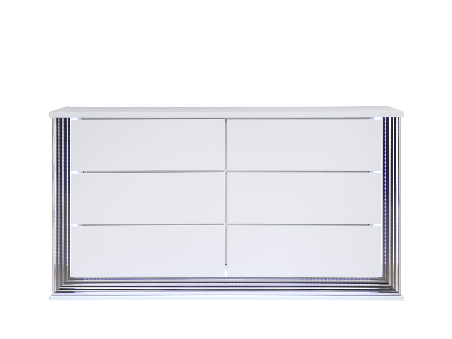 61" White Wood Lighted Six Drawer Double Dresser