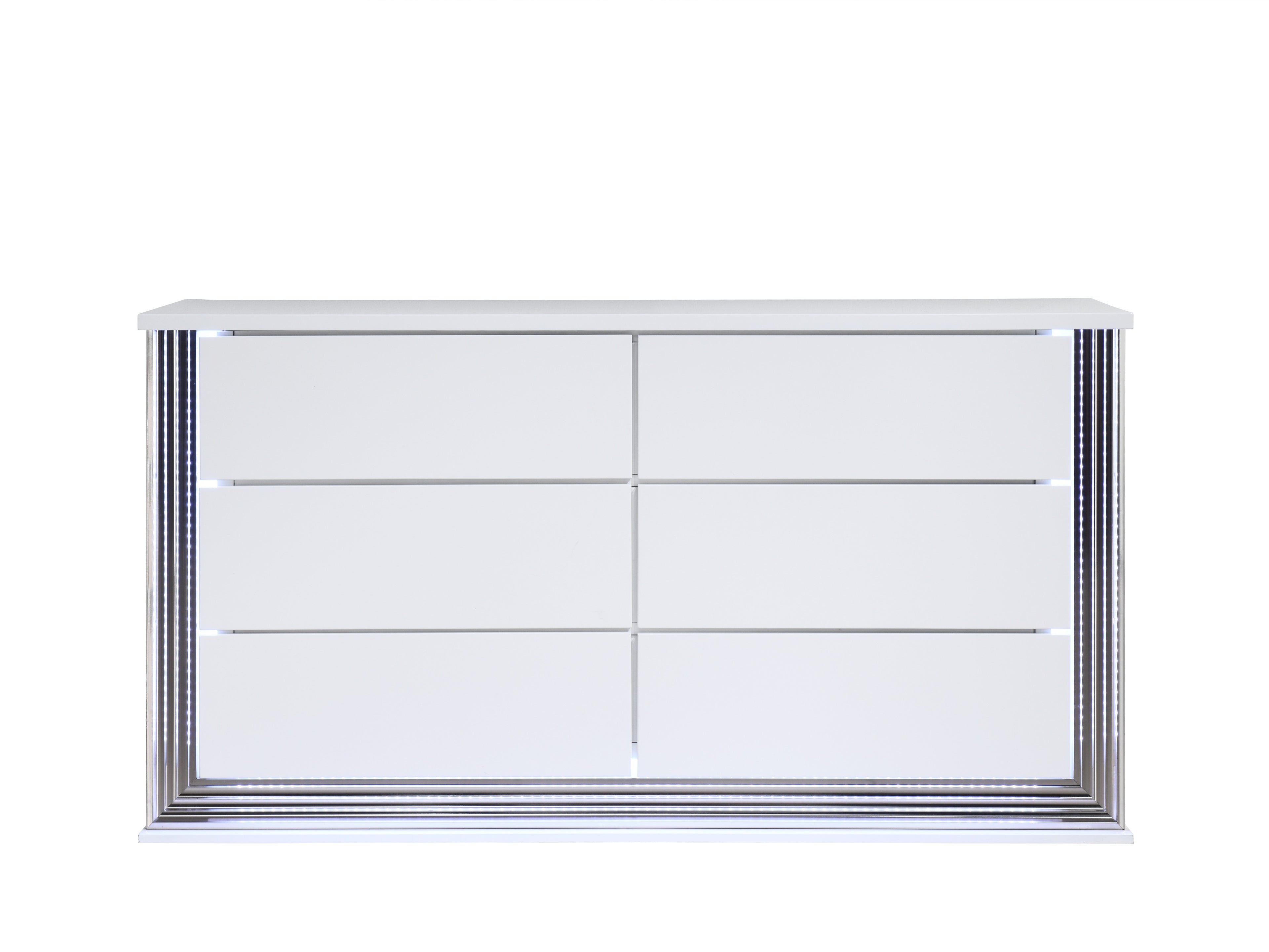 61" White Wood Lighted Six Drawer Double Dresser