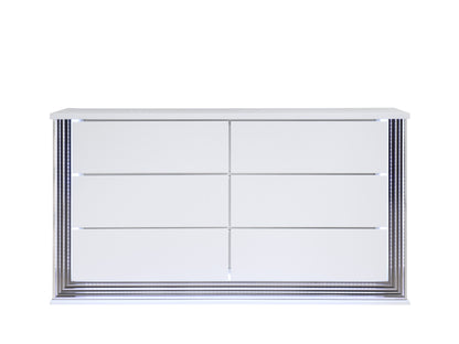 61" White Wood Lighted Six Drawer Double Dresser