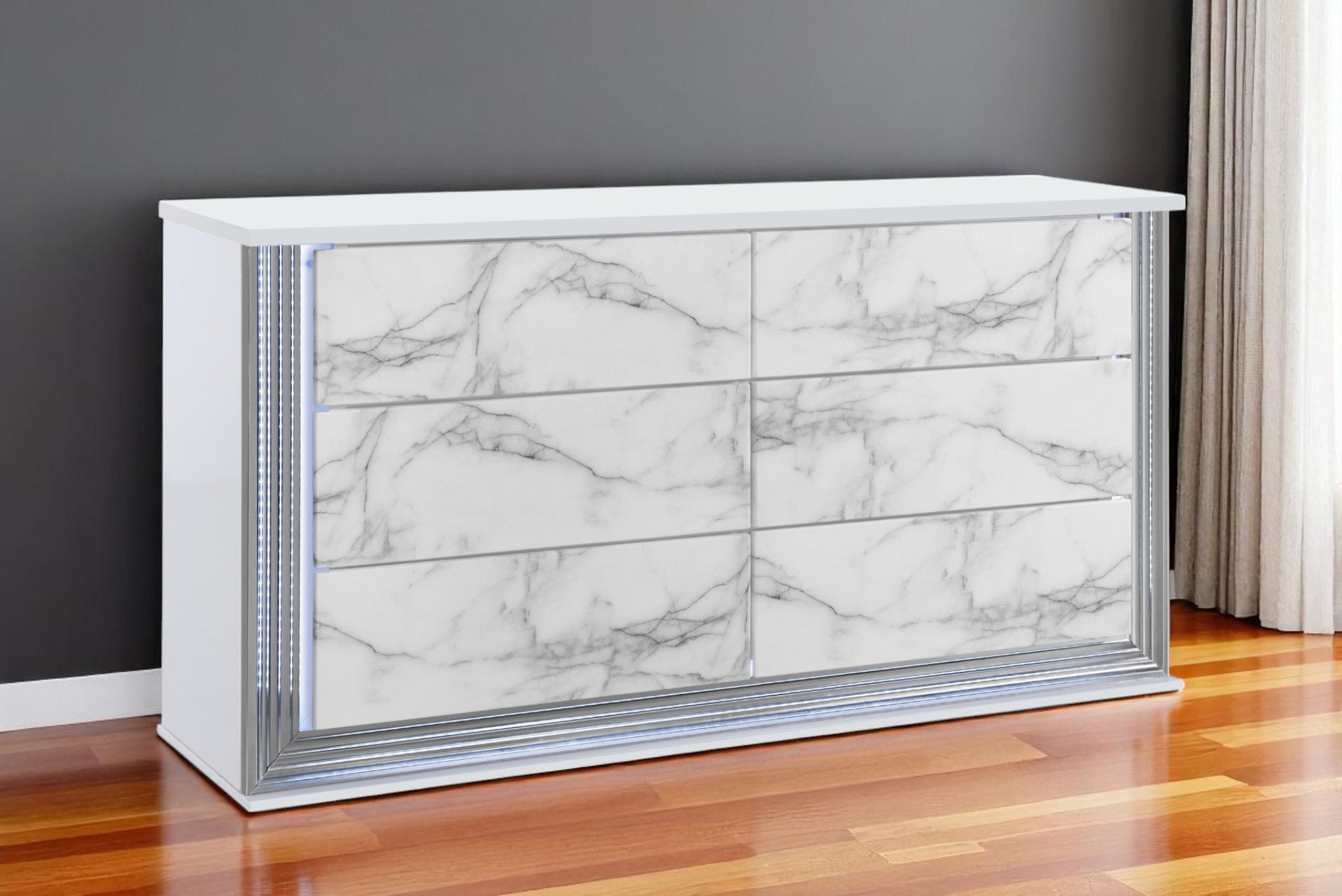 61" White Faux Marble And Wood Lighted Six Drawer Double Dresser