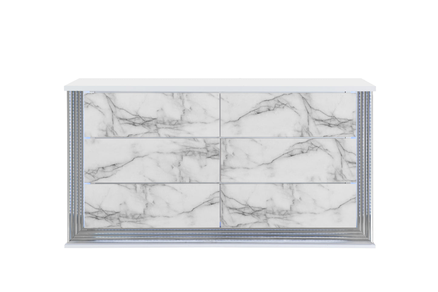 61" White Faux Marble And Wood Lighted Six Drawer Double Dresser