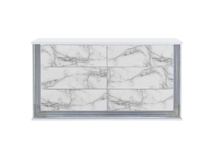 61" White Faux Marble And Wood Lighted Six Drawer Double Dresser