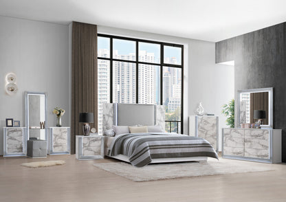 61" White Faux Marble And Wood Lighted Six Drawer Double Dresser