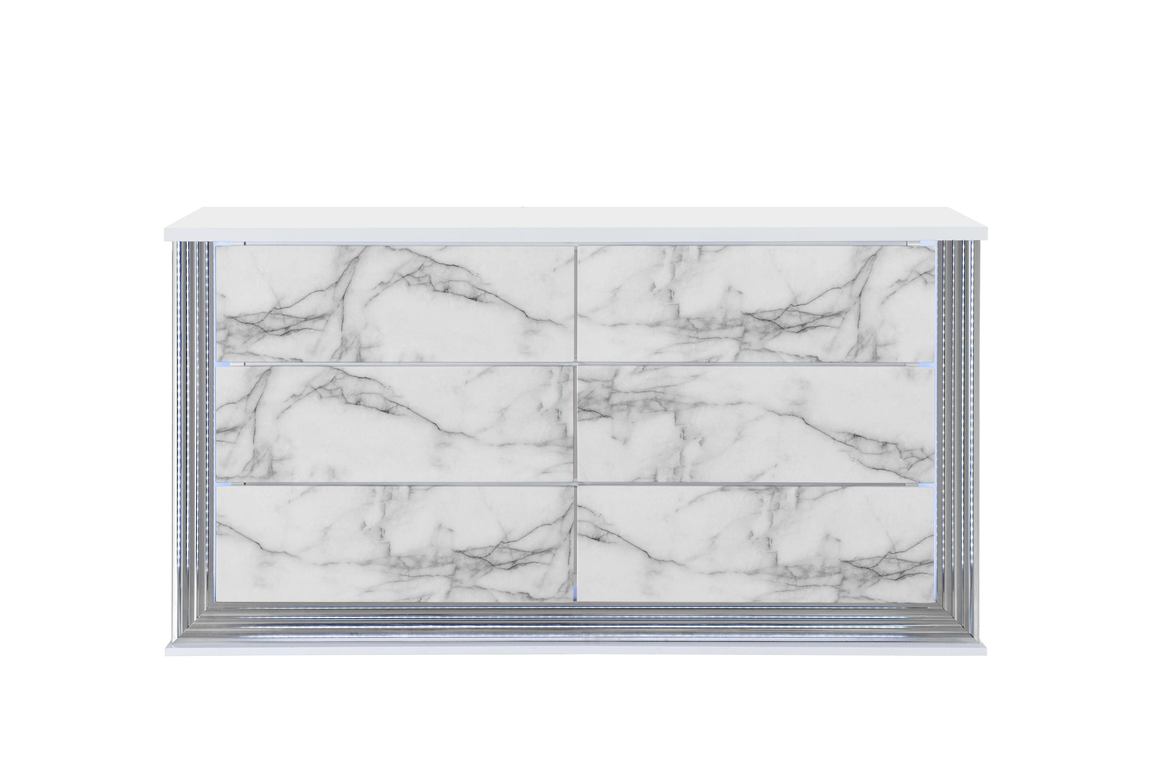 61" White Faux Marble And Wood Lighted Six Drawer Double Dresser