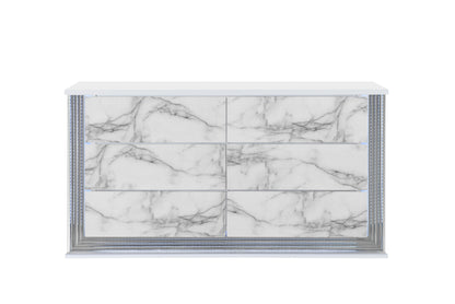 61" White Faux Marble And Wood Lighted Six Drawer Double Dresser