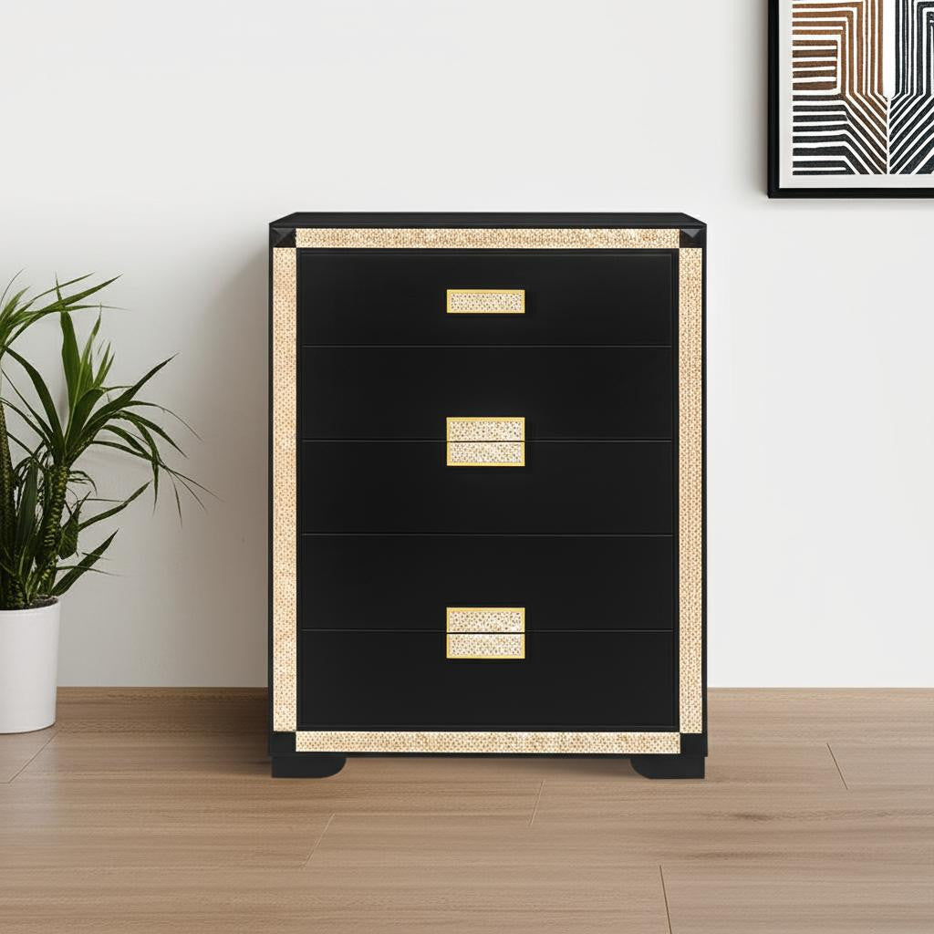 48" Black And Gold Faux Crystal Bling Wood Six Drawer Dresser