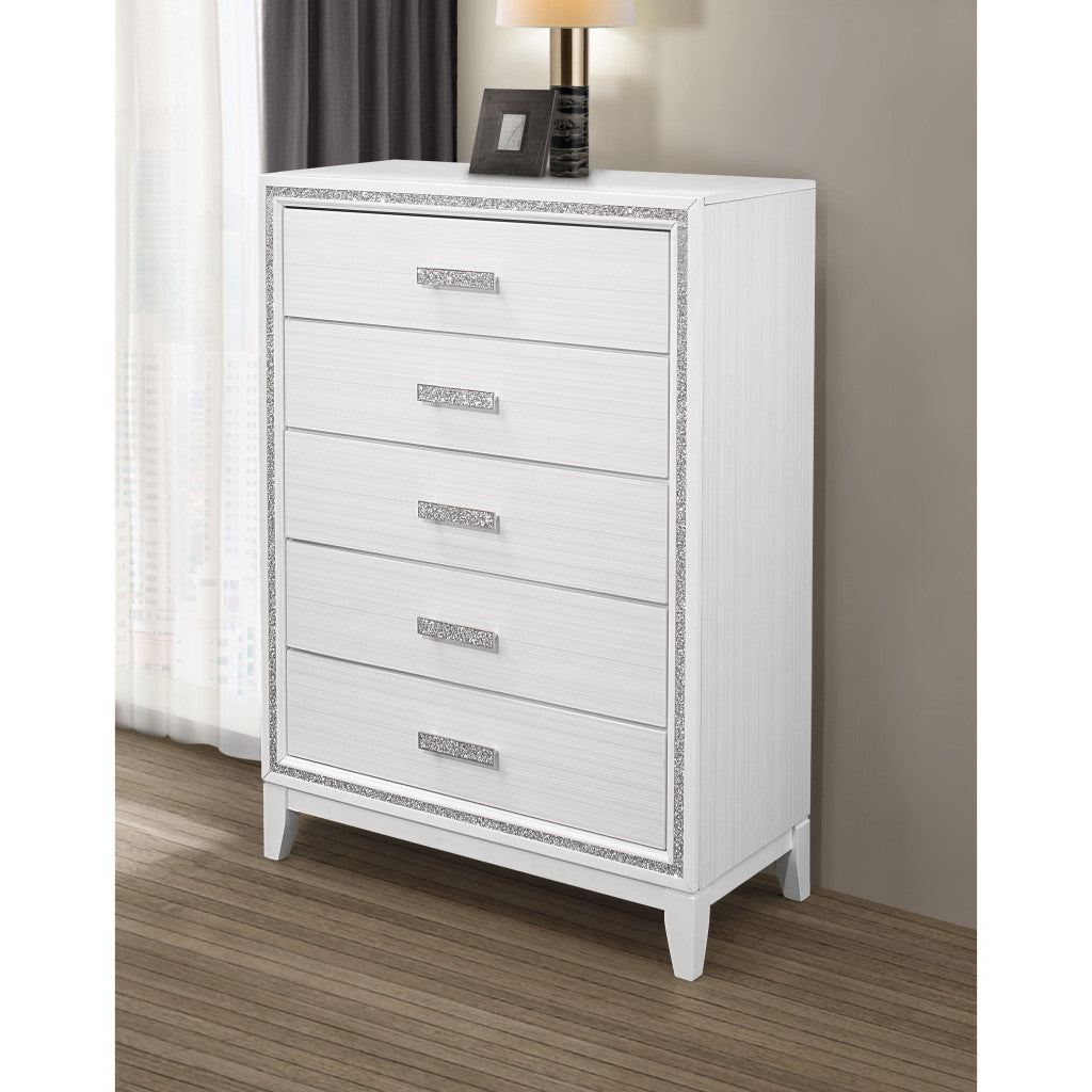 49" White And Silver And Faux Wood And Crystal Bling Lighted Five Drawer Dresser