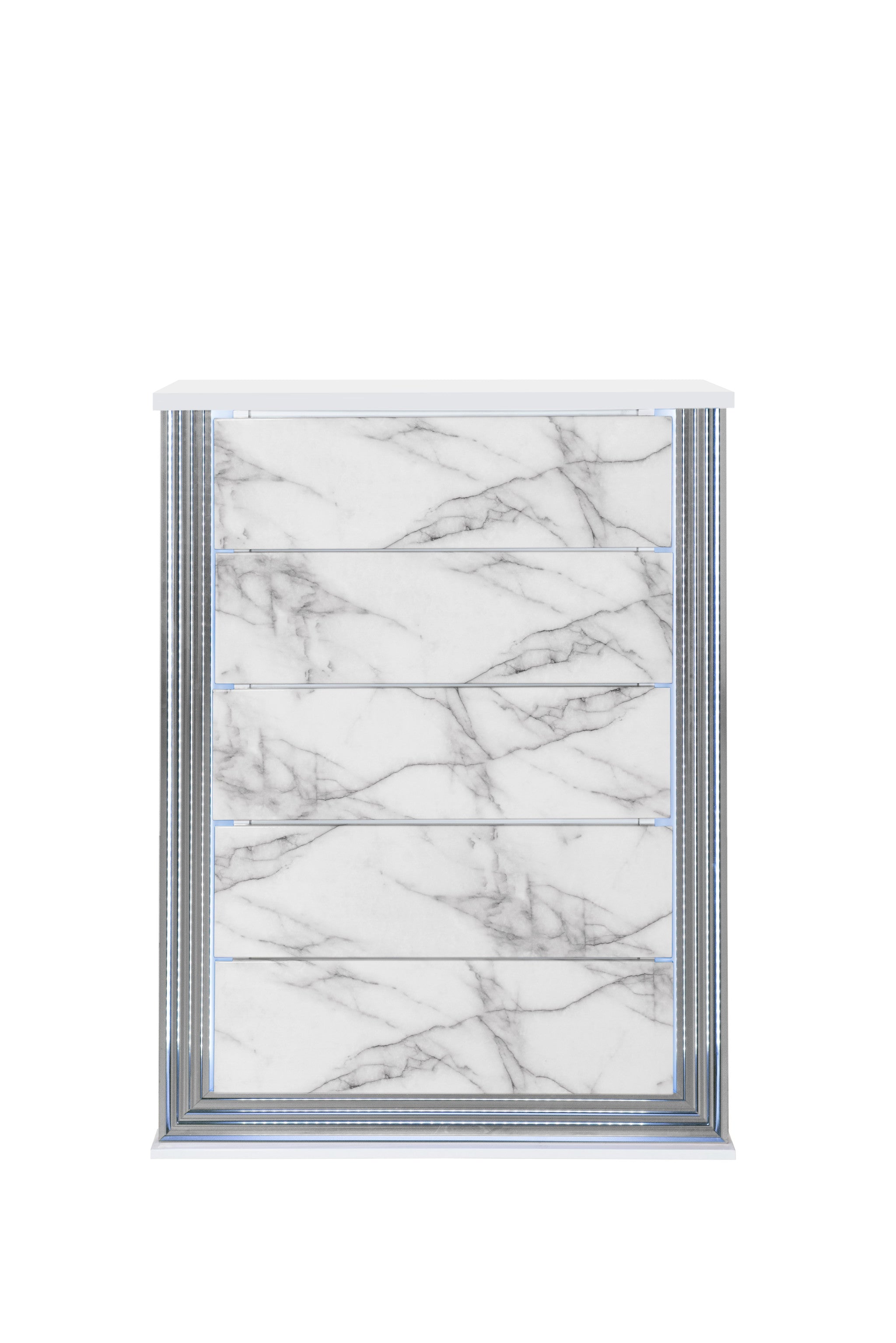 49" Silver And White Wood Faux Marble Lighted Five Drawer Dresser