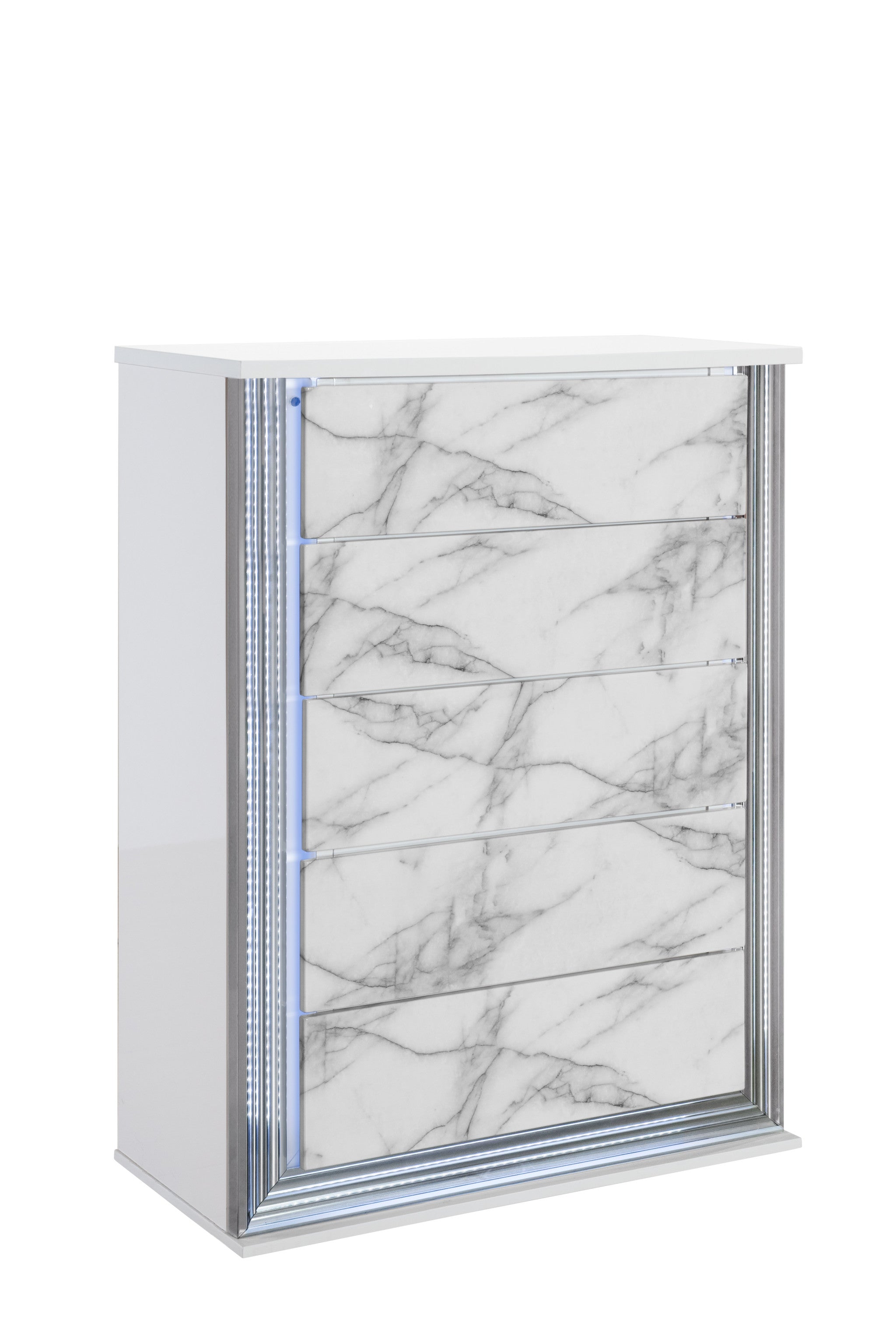 49" Silver And White Wood Faux Marble Lighted Five Drawer Dresser