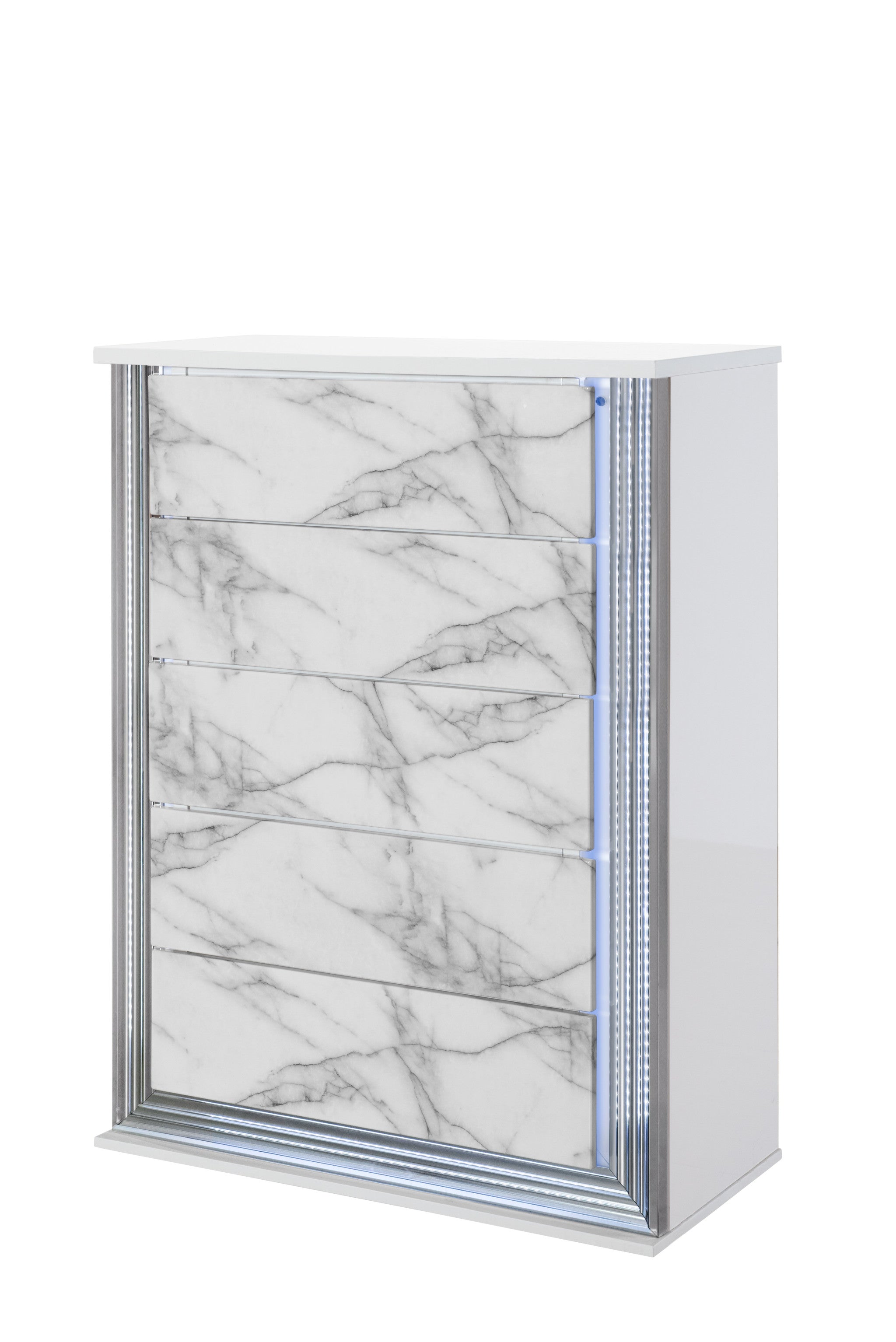 49" Silver And White Wood Faux Marble Lighted Five Drawer Dresser