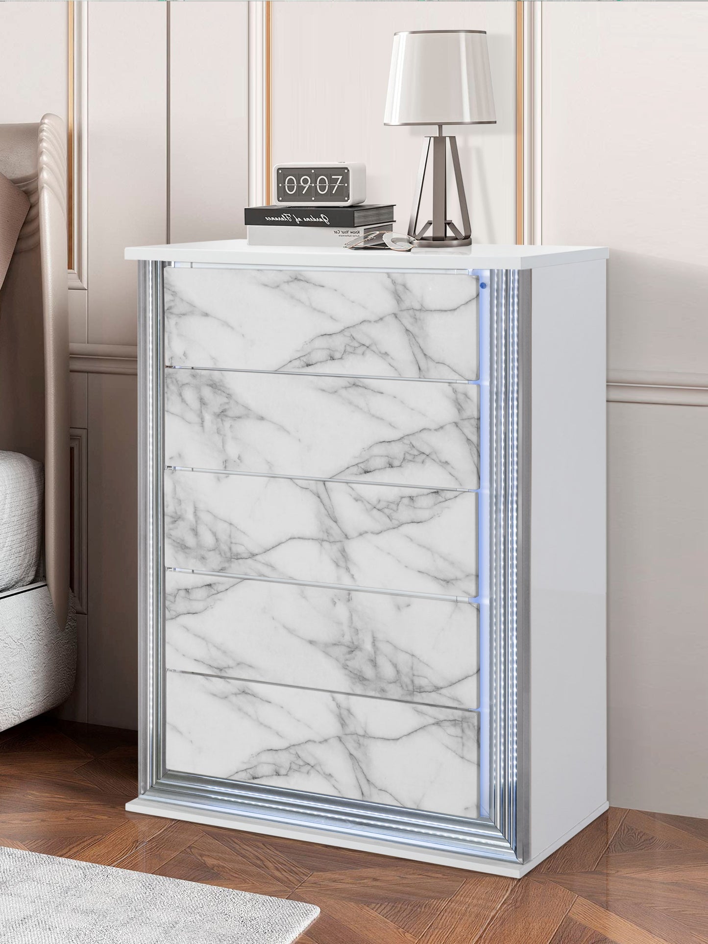49" Silver And White Wood Faux Marble Lighted Five Drawer Dresser