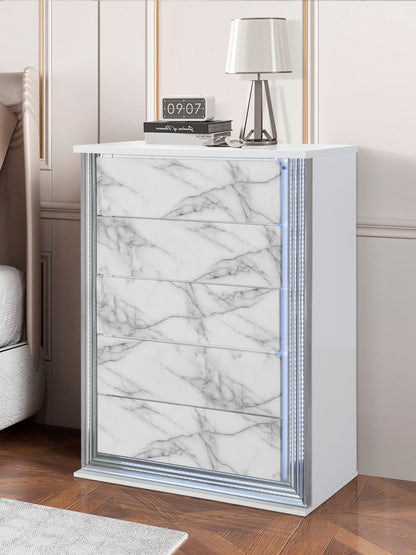 49" Silver And White Wood Faux Marble Lighted Five Drawer Dresser
