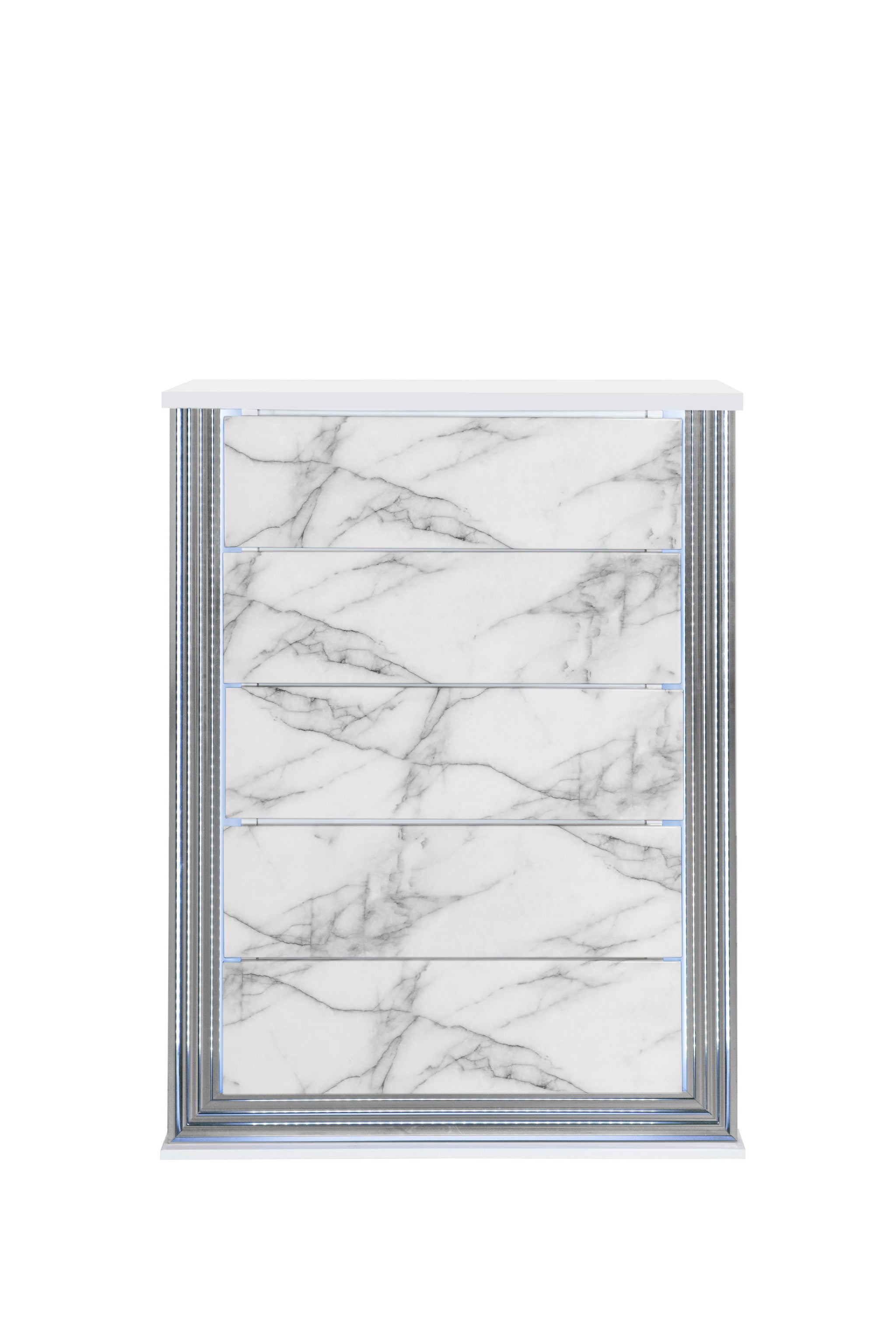 49" Silver And White Wood Faux Marble Lighted Five Drawer Dresser