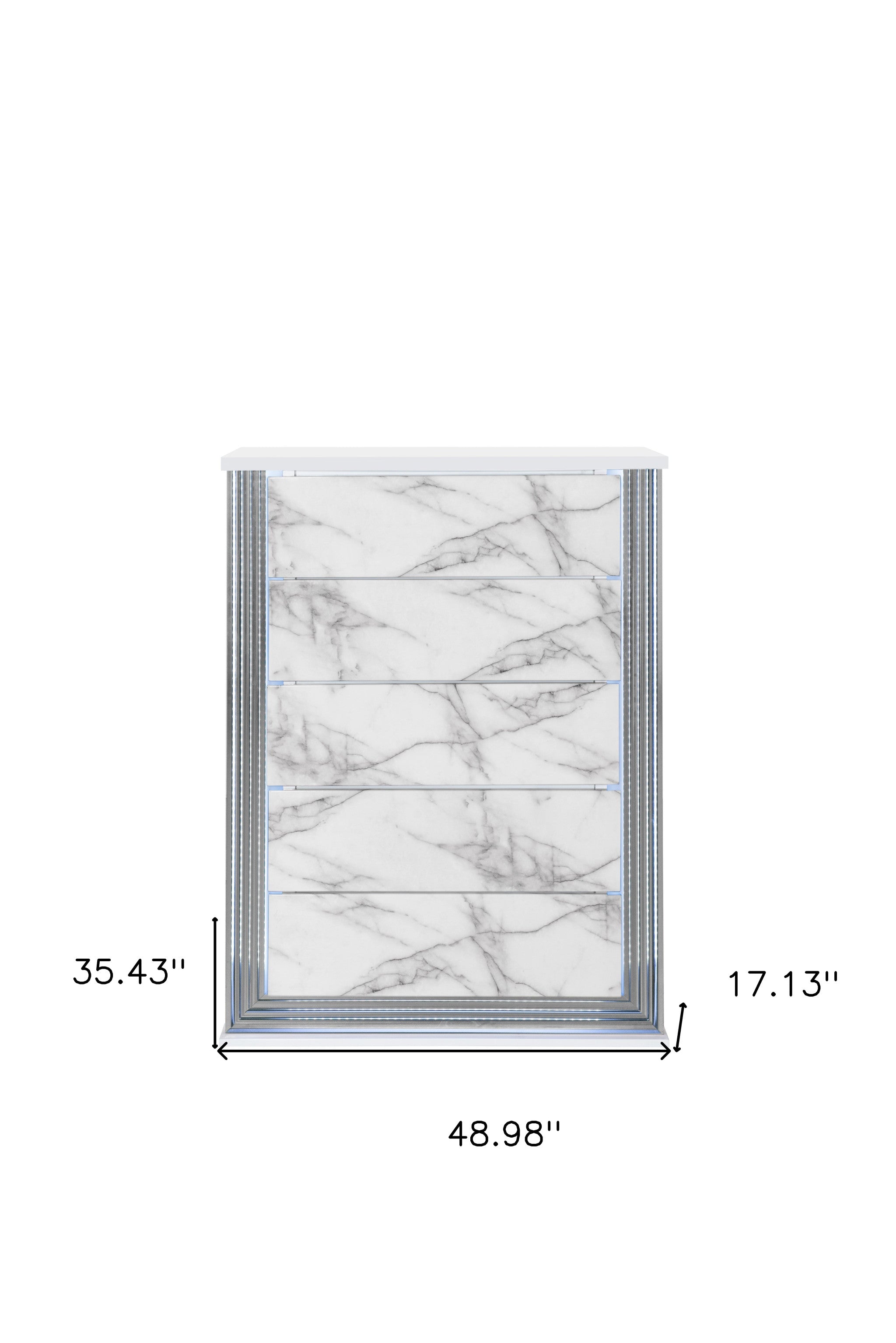 49" Silver And White Wood Faux Marble Lighted Five Drawer Dresser