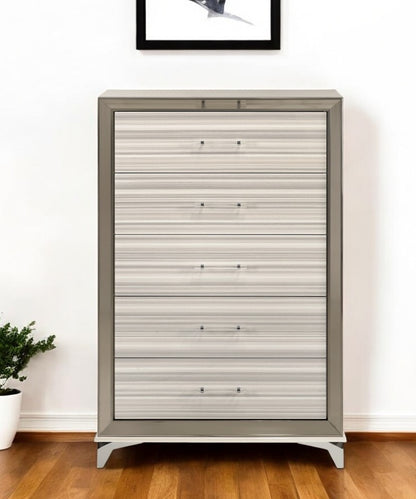 53" Beige And White Wood Lighted Five Drawer Dresser