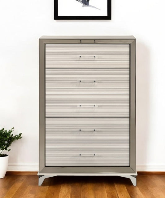 53" Beige And White Wood Lighted Five Drawer Dresser