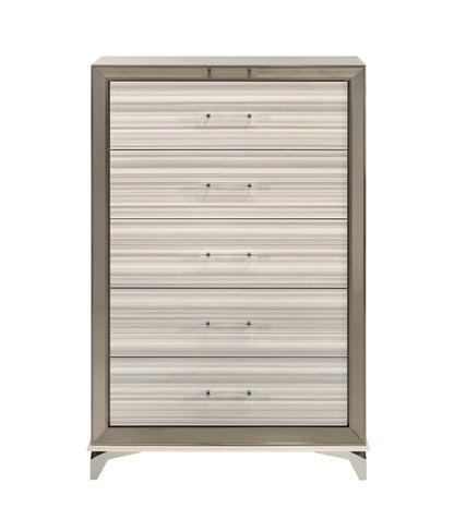 53" Beige And White Wood Lighted Five Drawer Dresser