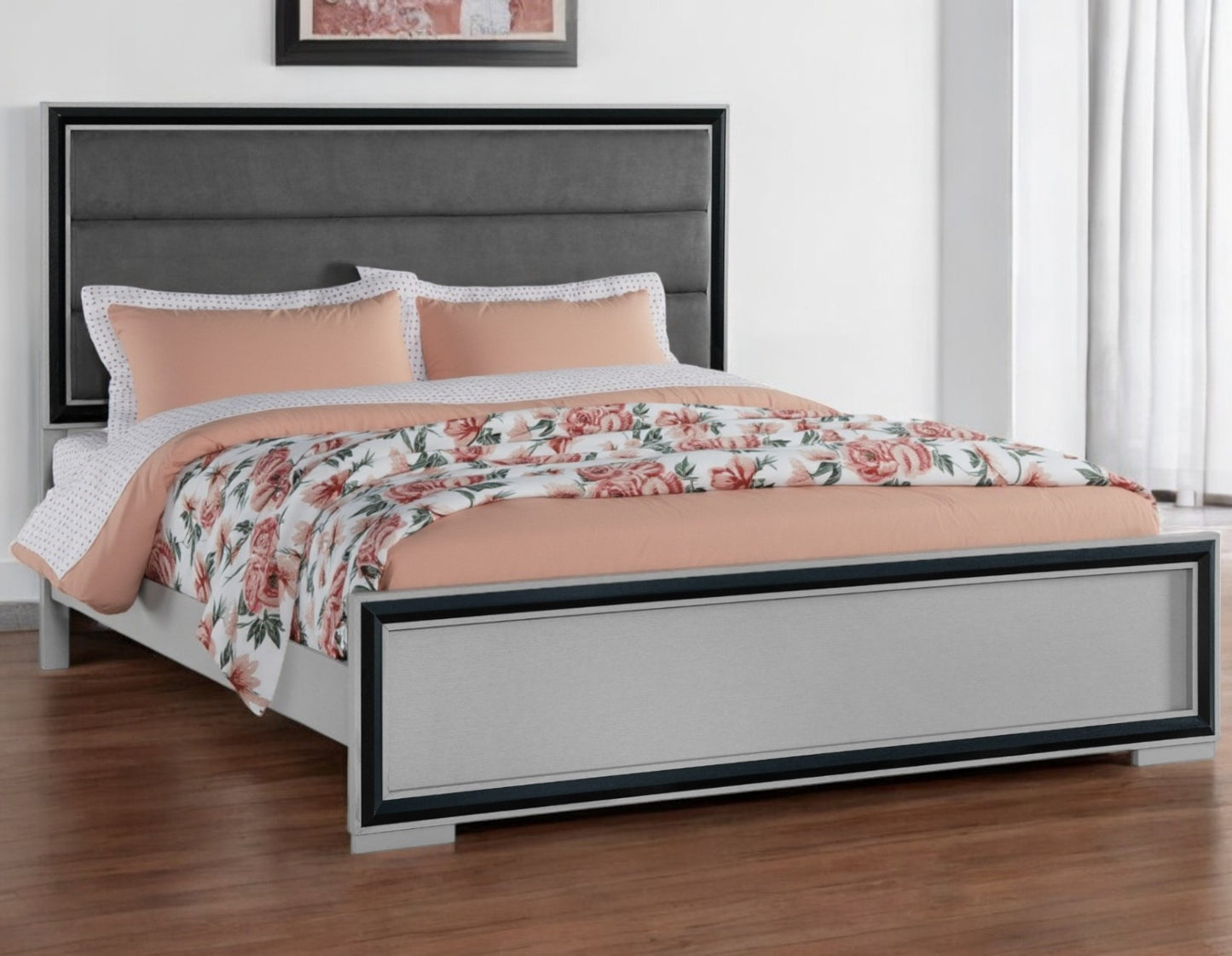 Gray Ribbed Texture Wood And Upholstery Full Bed Frame
