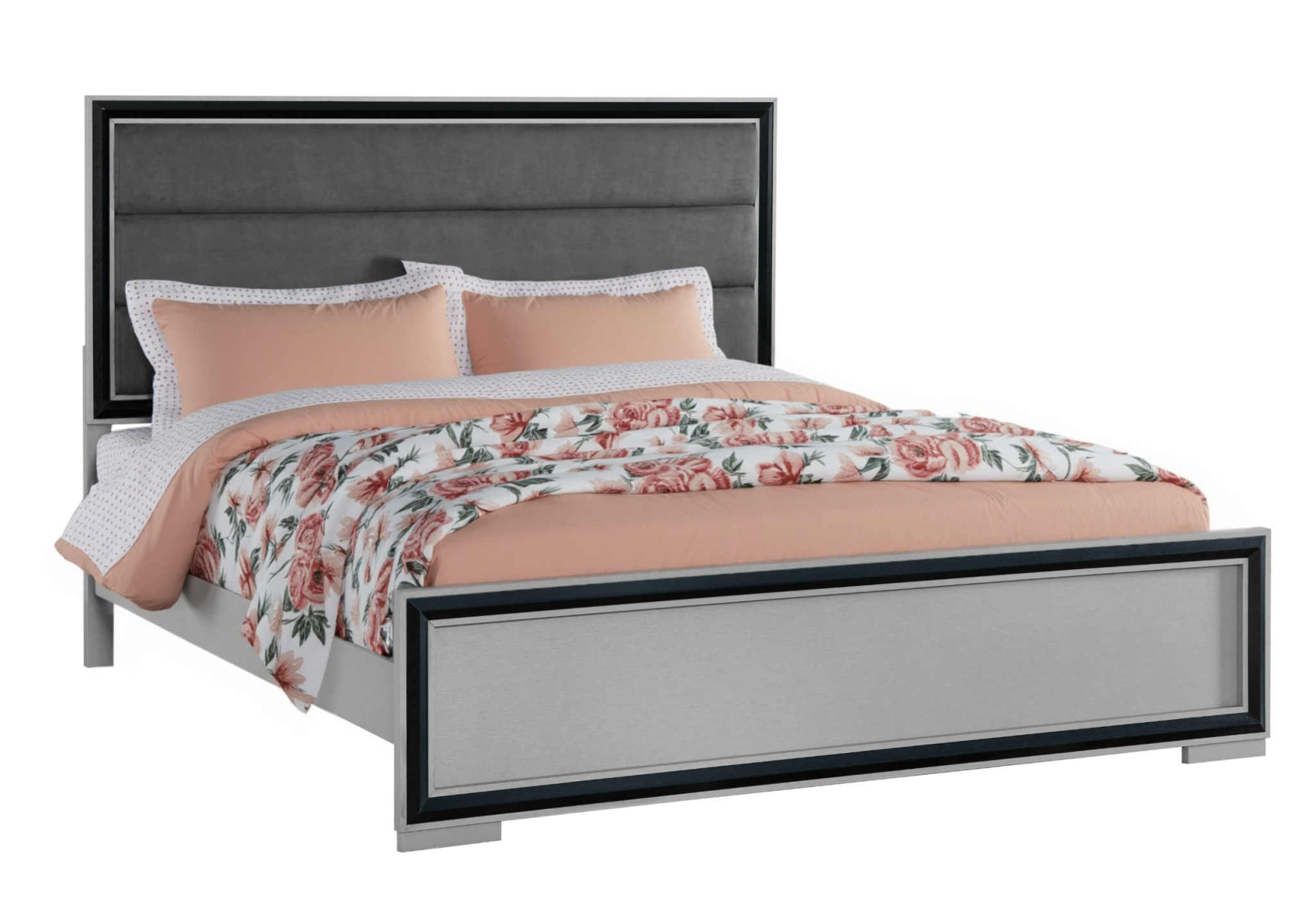 Gray Ribbed Texture Wood And Upholstery King Bed Frame