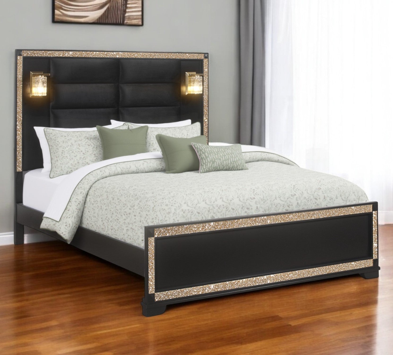 Black Faux Crystal Bling Wood And Upholstery Lighted King Bed Frame